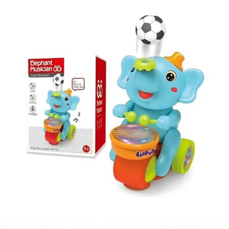 Un éléphant en plastique orange vif avec de grands yeux noirs brillants. Il porte un petit chapeau rouge.