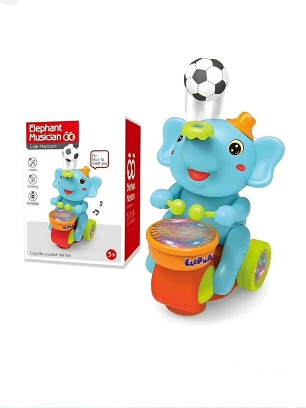 Un éléphant en plastique orange vif avec de grands yeux noirs brillants. Il porte un petit chapeau rouge.