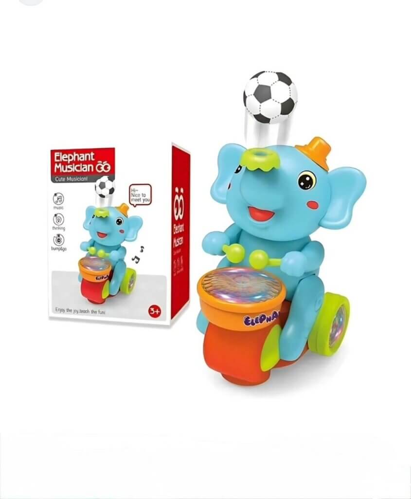 Un éléphant en plastique orange vif avec de grands yeux noirs brillants. Il porte un petit chapeau rouge.