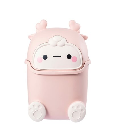 Mini poubelle de bureau rose design cerf kawaii avec couvercle pivotant.