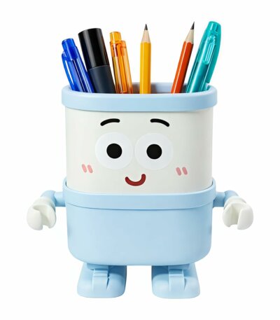 Pot à crayons en forme de robot bleu, rose et blanc avec visage souriant pour bureau enfant.