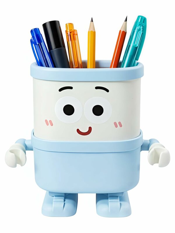 Pot à crayons en forme de robot bleu, rose et blanc avec visage souriant pour bureau enfant.