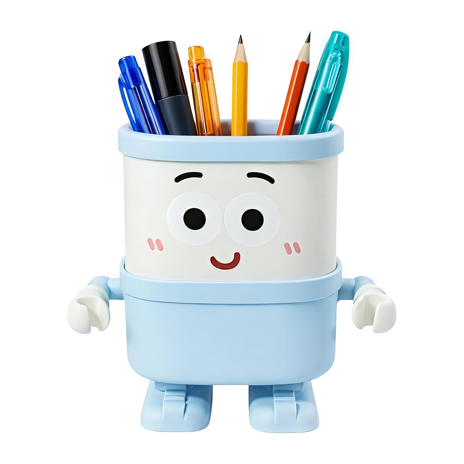 Pot à crayons en forme de robot bleu, rose et blanc avec visage souriant pour bureau enfant.