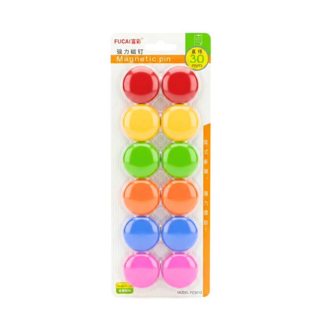 Pack de 12 aimants magnétiques ronds FUCAI 30mm multicolores pour tableau blanc.