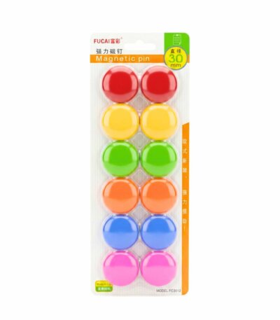 Pack de 12 aimants magnétiques ronds FUCAI 30mm multicolores pour tableau blanc.