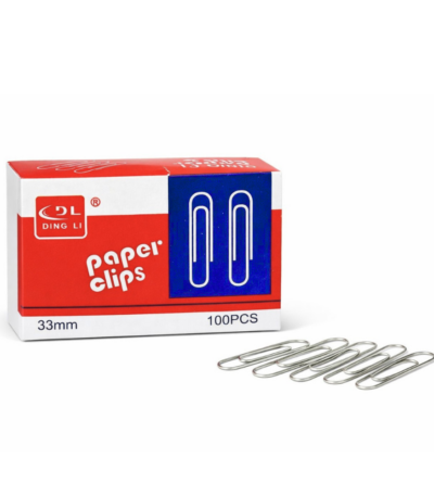 Boîte de 100 trombones métalliques argentés 33mm de la marque DL pour bureau.