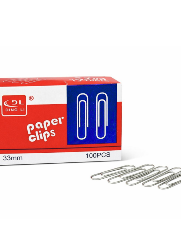 Boîte de 100 trombones métalliques argentés 33mm de la marque DL pour bureau.