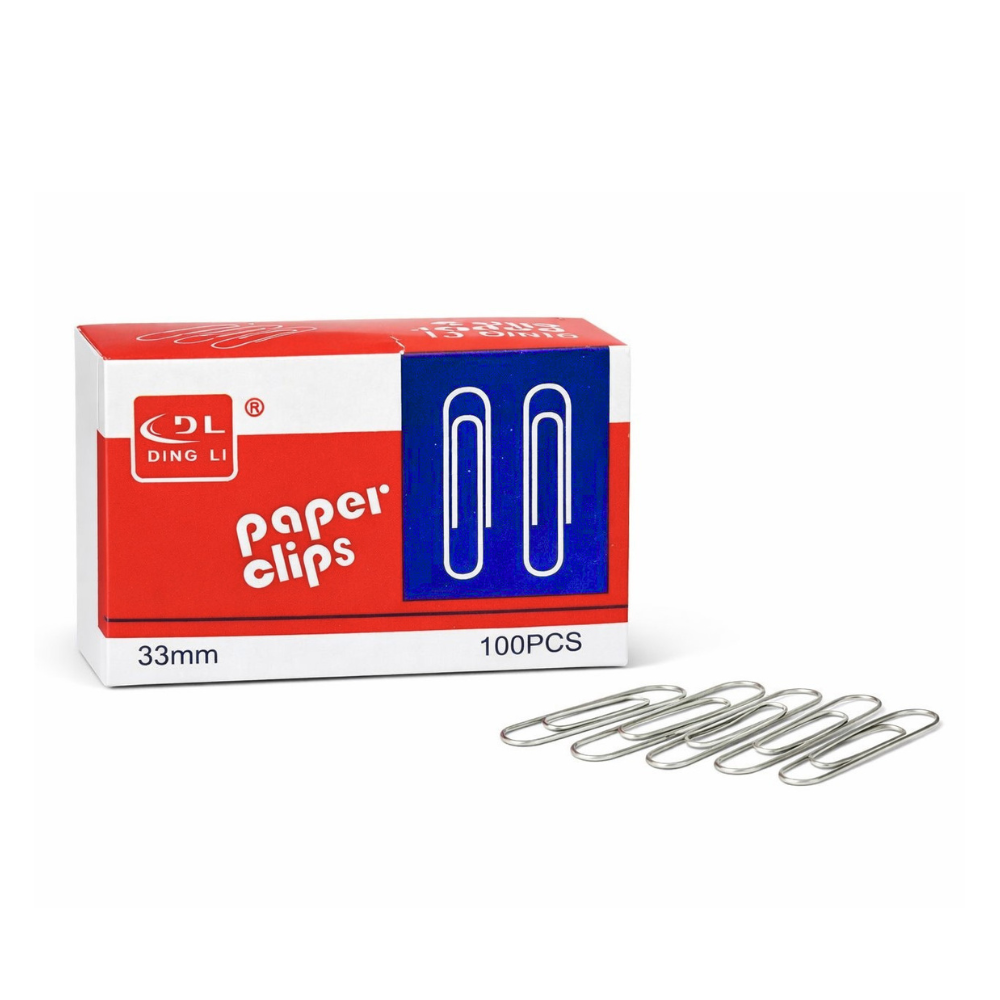 Boîte de 100 trombones métalliques argentés 33mm de la marque DL pour bureau.