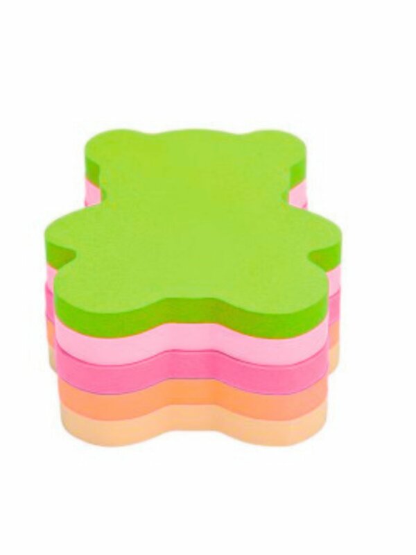 Notes autocollantes fluo en forme d'ours marque DL, pack de 4 couleurs néon.