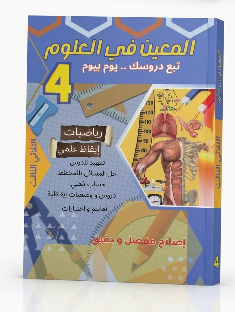تصميم غلاف مرجع "المعين في العلوم" - السنة الرابعة أساسي كتاب مدرسي تونسي ملون للسنة الرابعة أساسي، يحمل اسم 'المعين في العلوم'. التصميم يتضمن رسوماً لدارات كهربائية، أشكال هندسية، ورموزاً علمية مع كتابة واضحة للثلاثي الثالث