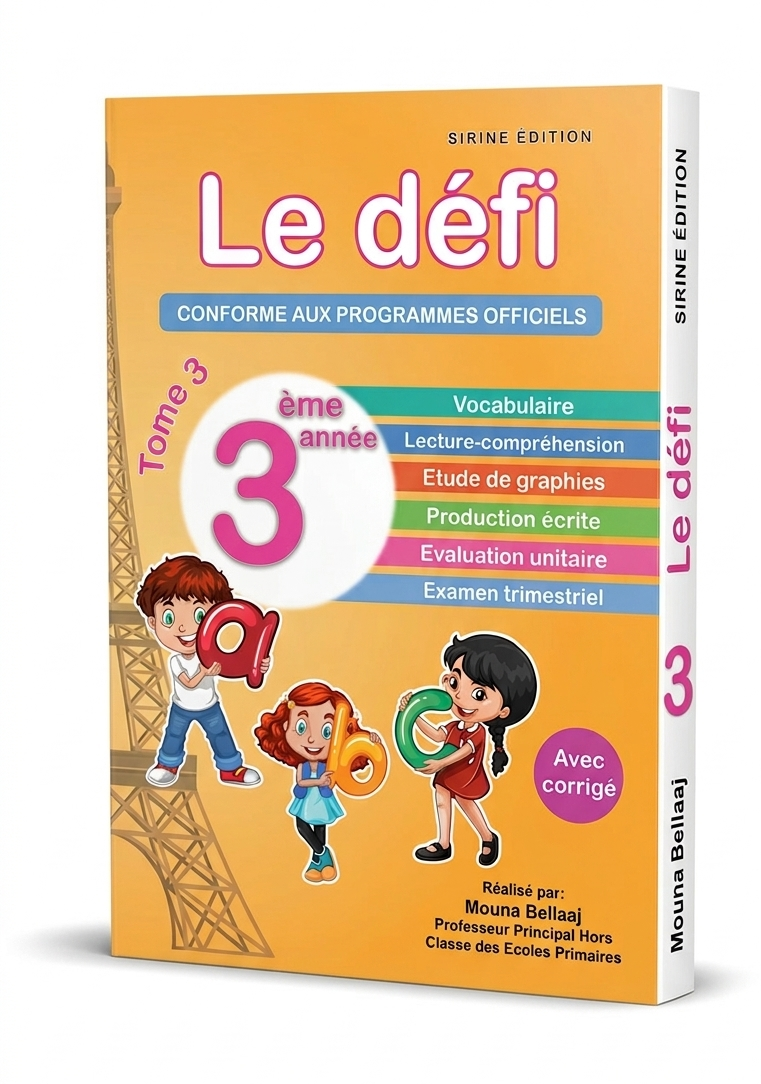 Image de la couverture du livre scolaire tunisien 'Le Défi' pour la 3ème année primaire, Tome 3. Design coloré avec des illustrations d'enfants, des lettres de l'alphabet et des symboles scolaires joyeux.