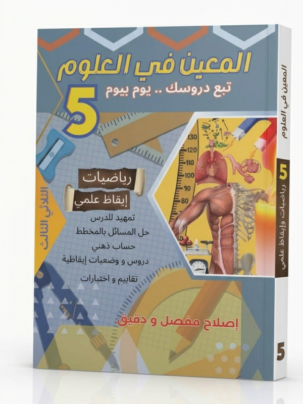 كتاب تعليمي تونسي للسنة الخامسة أساسي بعنوان 'المعين في العلوم'. يظهر على الغلاف رسوم توضيحية لخلية نباتية، وميزان، وعمليات رياضية متقدمة، مع إشارة واضحة للثلاثي الثالث