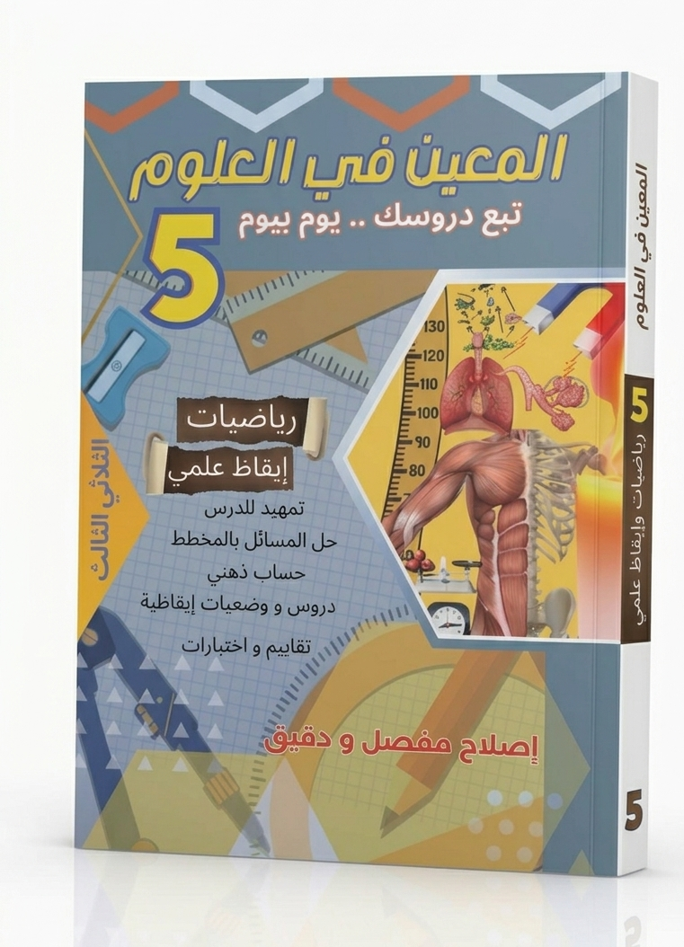 مرجع "المعين في العلوم" - السنة الخامسة أساسي (الثلاثي الثالث) كتاب تعليمي تونسي للسنة الخامسة أساسي بعنوان 'المعين في العلوم'. يظهر على الغلاف رسوم توضيحية لخلية نباتية، وميزان، وعمليات رياضية متقدمة، مع إشارة واضحة للثلاثي الثالث