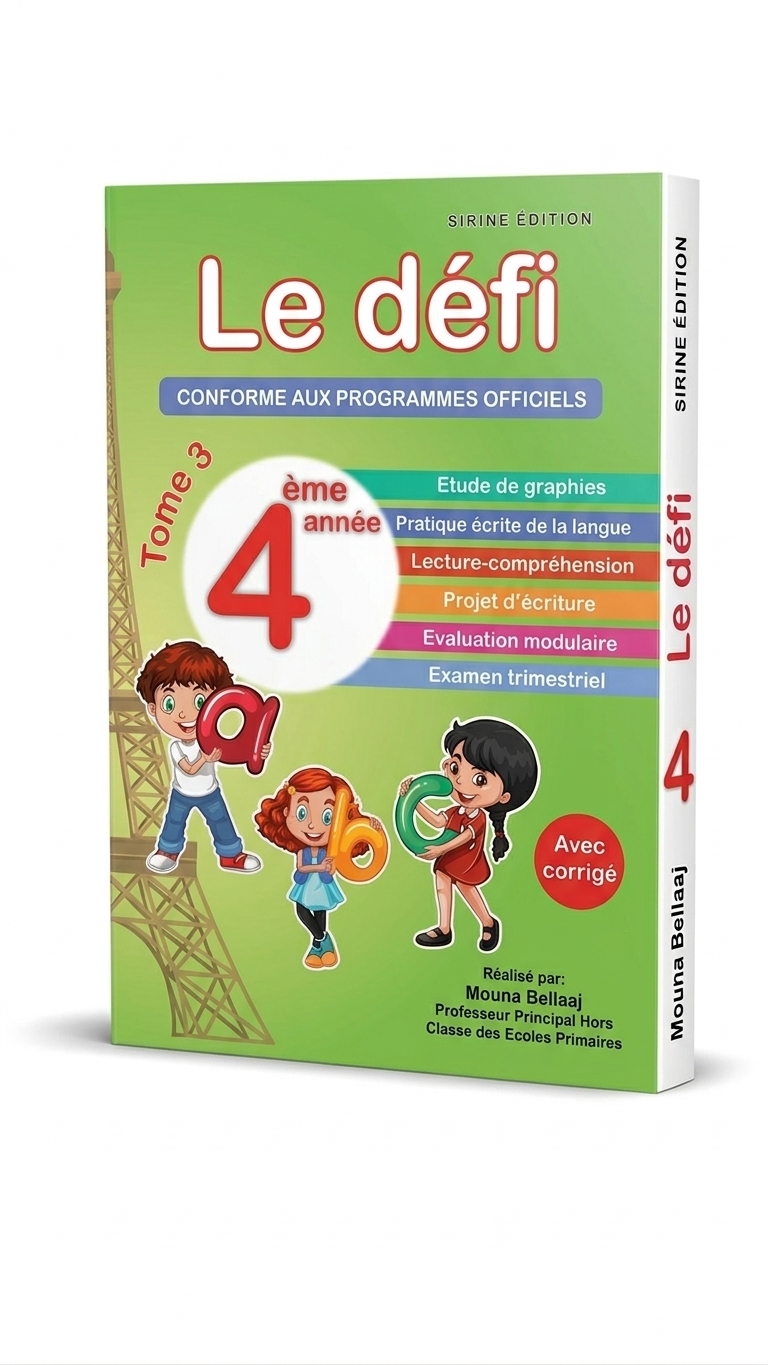 Manuel "Le Défi" - Français 3ème année - Tome 3 Image de la couverture du livre scolaire tunisien 'Le Défi' pour la 3ème année primaire, Tome 3. Design coloré avec des illustrations d'enfants, des lettres de l'alphabet et des symboles scolaires joyeux."