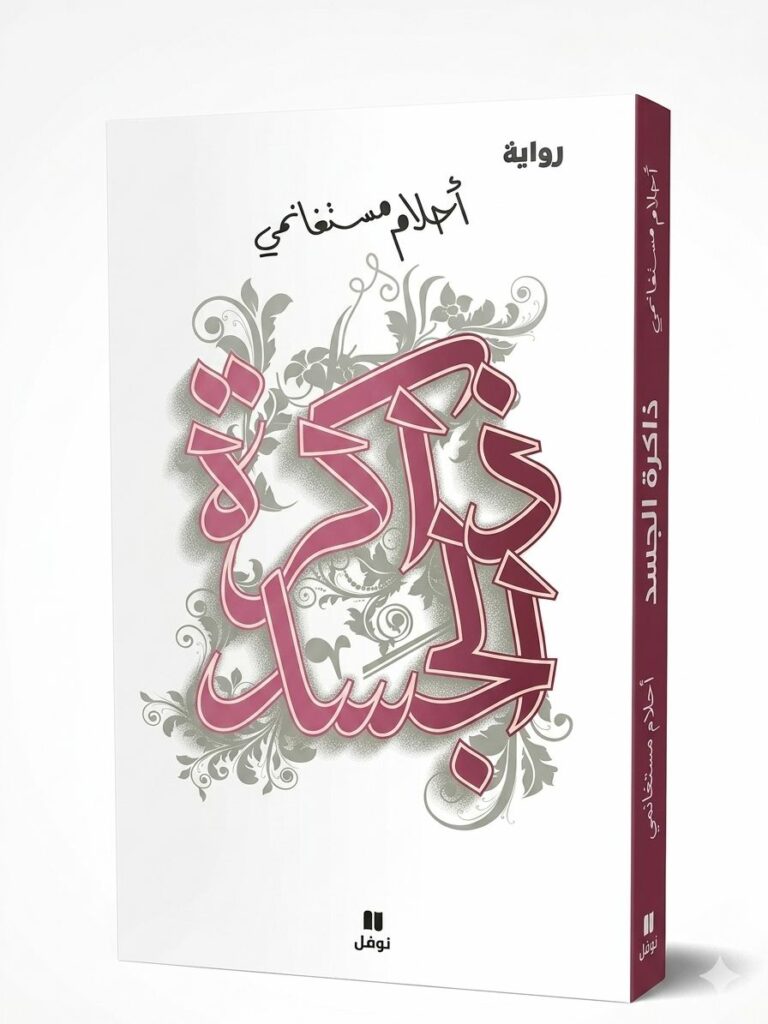 غلاف النسخة العربية لرواية "ذاكرة الجسد" من تأليف أحلام مستغانمي. يتميز التصميم بخلفية بيضاء نقية مع خط عربي كلاسيكي وفني باللون الأرجواني الداكن، مزين بزخارف نباتية رقيقة تلتف حول العنوان، مع شعار دار نوفل في الأسفل.