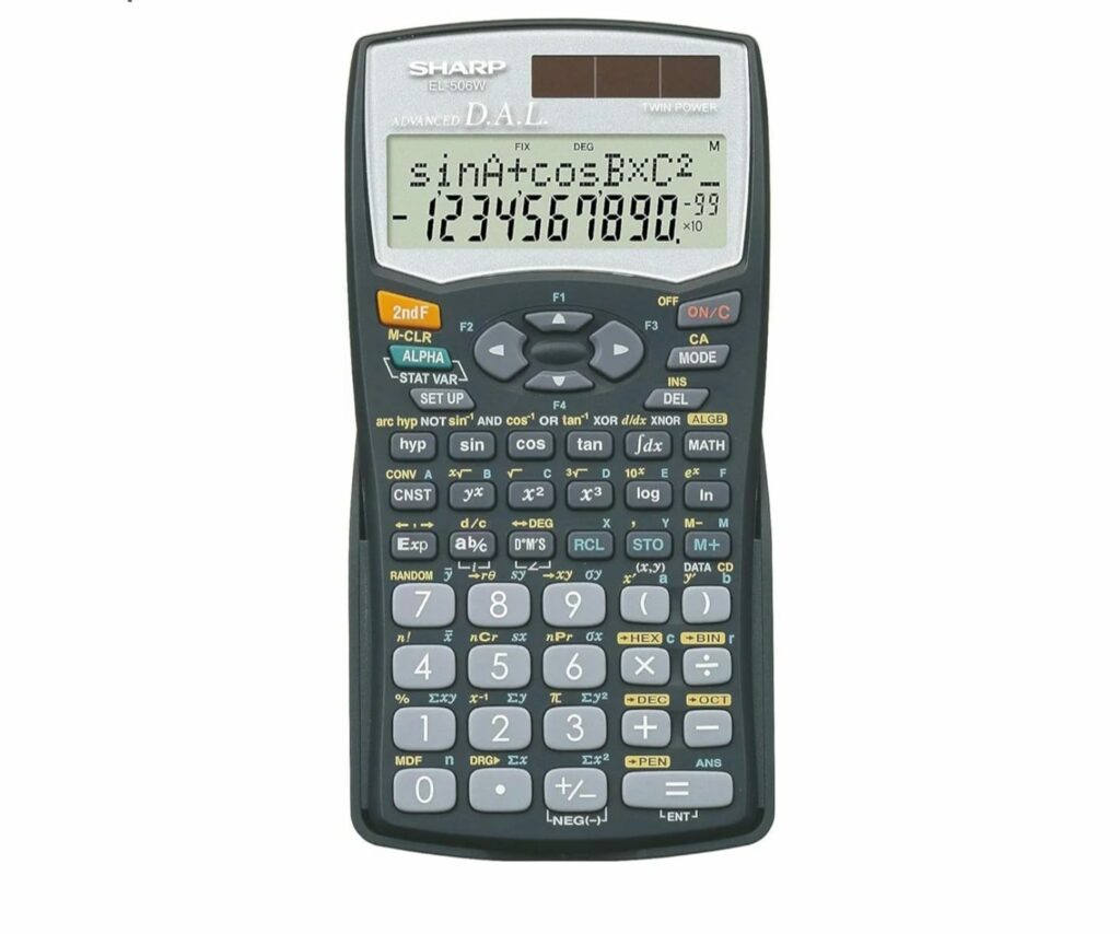Calculatrice scientifique Sharp EL-506W grise avec écran LCD à 2 lignes, affichage D.A.L. et alimentation hybride solaire, idéale pour le lycée et l'université