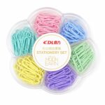 Boîtier transparent en forme de fleur contenant des trombones métalliques de couleurs pastel : rose, bleu, vert, violet, jaune et turquoise