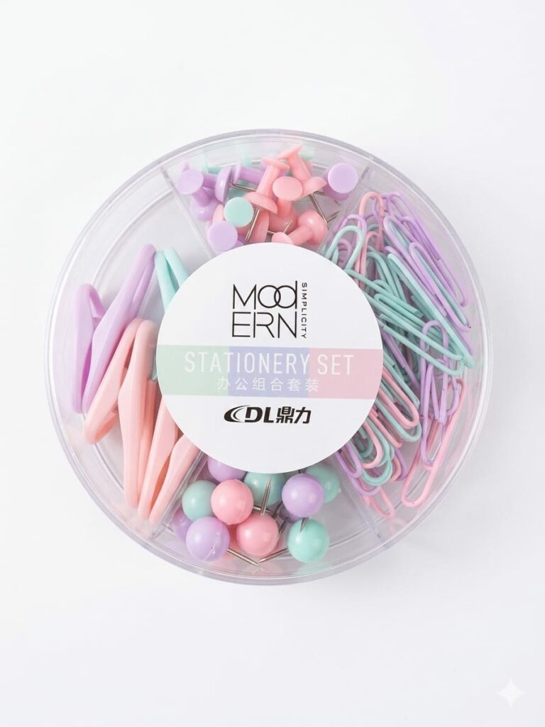 Un organisateur de bureau circulaire transparent contenant quatre compartiments distincts remplis de fournitures pastel : des punaises à tête plate, des trombones en forme de goutte, des trombones standards et des punaises sphériques