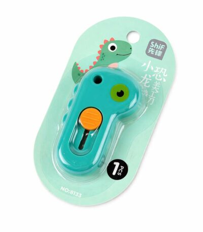 Mini cutter en forme de dinosaure avec lame en acier allié SK5 haute résistance et système de rétraction automatique, disponible en plusieurs coloris pour la papeterie et la maison.