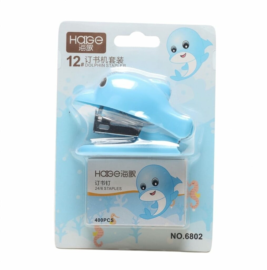 Mini agrafeuse ergonomique en forme de dauphin avec mécanisme en métal robuste et recharge de 400 agrafes standards 24/6.