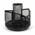 Organisateur de bureau noir en métal grillagé avec plusieurs compartiments et rotation à 360 degrés pour stylos et accessoires