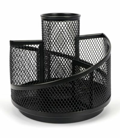 Organisateur de bureau noir en métal grillagé avec plusieurs compartiments et rotation à 360 degrés pour stylos et accessoires