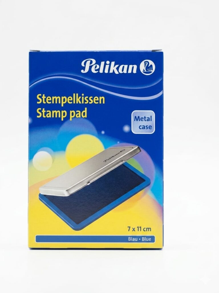 Tampon encreur bleu Pelikan avec boîtier en métal ouvert, format 7 x 11 cm pour usage bureautique