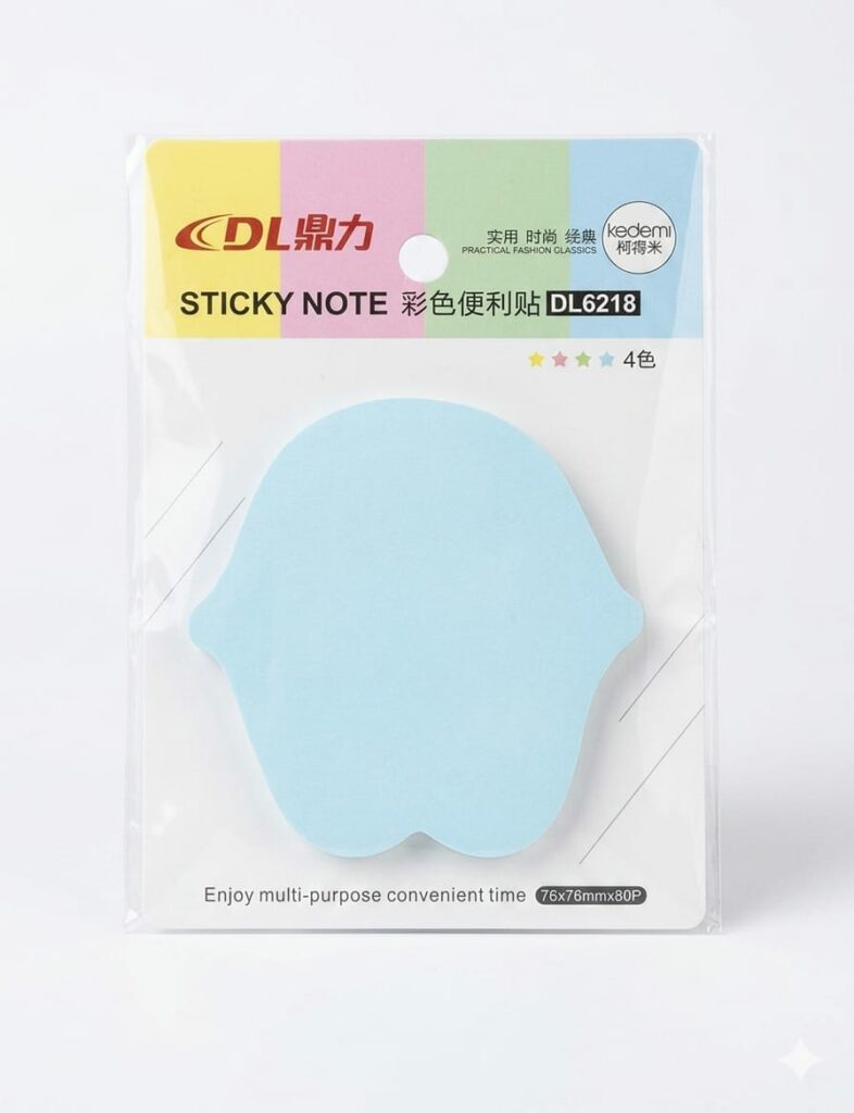 Notes autocollantes repositionnables de forme ergonomique, couleur bleu ciel, 80 feuilles par bloc.