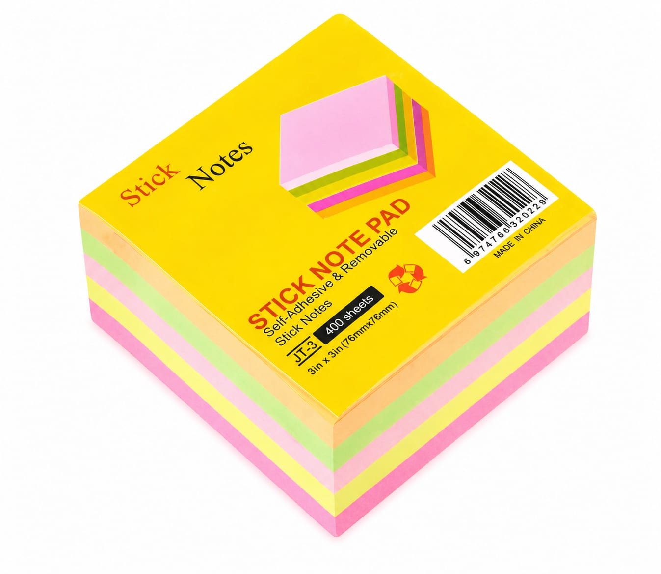 Bloc de Notes Autocollantes Multicolores (Stick Notes) Bloc de Notes Autocollantes Multicolores JT-3 – Format 76x76mm (400 Feuilles) – Image 1