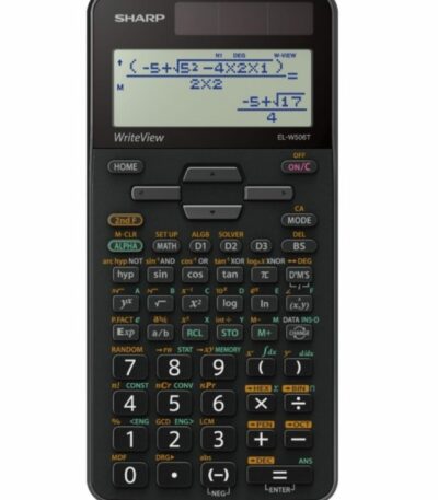 Calculatrice scientifique Sharp EL-W506T noire avec écran LCD haute résolution affichant des équations mathématiques complexes sous forme naturelle.