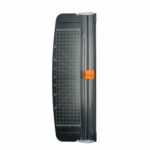 Massicot noir avec plateau gradué, guide d'angle blanc, barre de pression transparente et curseur de lame orange