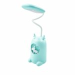 Lampe de bureau LED turquoise avec bras flexible et base décorative en forme d’animal, équipée de boutons de commande.