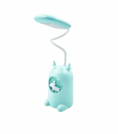 Lampe de bureau LED turquoise avec bras flexible et base décorative en forme d’animal, équipée de boutons de commande.