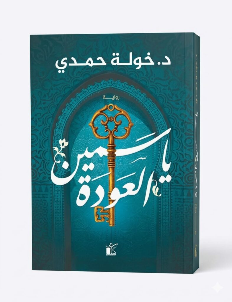 "غلاف رواية 'ياسمين العودة' للكاتبة د. خولة حمدي. يظهر الغلاف بلون أزرق تيل مزخرف بنقوش إسلامية، وفي المنتصف مفتاح ذهبي قديم كبير، مع اسم الرواية بخط عربي أبيض عريض."