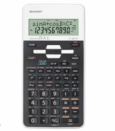 Calculatrice scientifique Sharp EL-506TS blanche à clavier noir, dotée d'un écran LCD à 2 lignes et de touches de fonctions avancées pour le calcul matriciel, les statistiques et les intégrales.