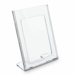 Porte-carte ou porte-menu incliné en acrylique transparent avec base stable pour une présentation verticale de documents.
