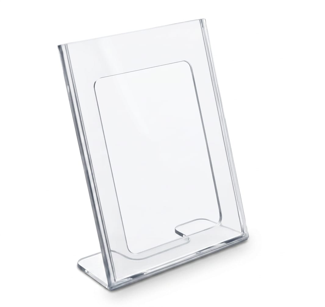Support Publicitaire Incliné en Acrylique Haute Clarté - Format Vertical Porte-carte ou porte-menu incliné en acrylique transparent avec base stable pour une présentation verticale de documents.