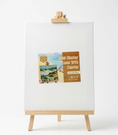 Mini chevalet d'exposition en bois clair supportant une toile blanche vierge de format 24x30 cm, avec une étiquette de présentation illustrée.