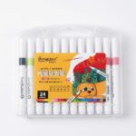 Un ensemble de 24 marqueurs acryliques blancs avec des capuchons colorés et des corps cylindriques, utilisant une encre à base d'eau pour dessiner sur papier, verre, céramique et plastique.