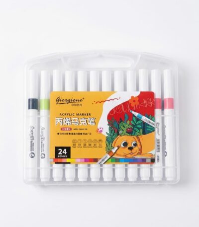 Un ensemble de 24 marqueurs acryliques blancs avec des capuchons colorés et des corps cylindriques, utilisant une encre à base d'eau pour dessiner sur papier, verre, céramique et plastique.