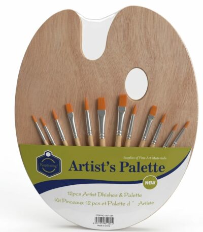 Palette d’artiste en bois naturel avec surface lisse et trou pour le pouce, accompagnée de 12 pinceaux à poils synthétiques de tailles et formes variées
