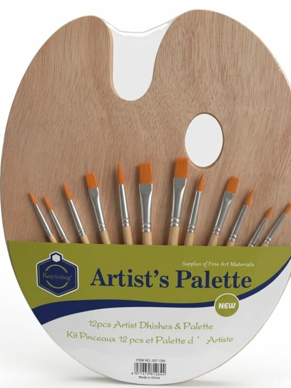 Palette d’artiste en bois naturel avec surface lisse et trou pour le pouce, accompagnée de 12 pinceaux à poils synthétiques de tailles et formes variées