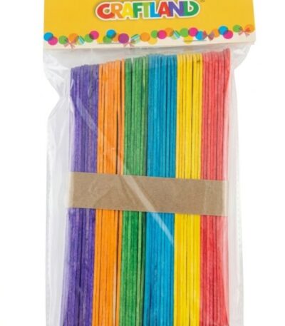 un paquet de bâtonnets en bois colorés de la marque Craftland, conçus pour les loisirs créatifs.