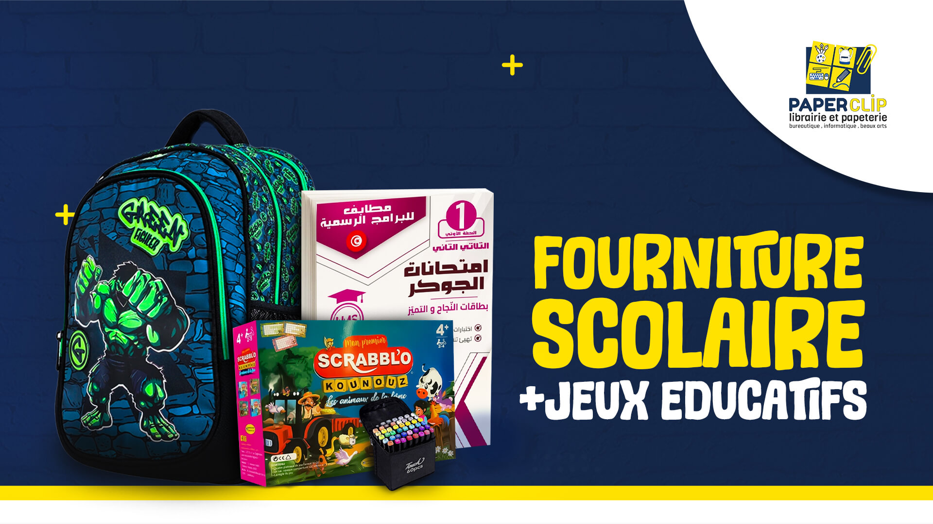Fournitures scolaires avec sac à dos ergonomique, jeu Scrabble éducatif, feutres de coloriage et cahier de cours pour la rentrée."