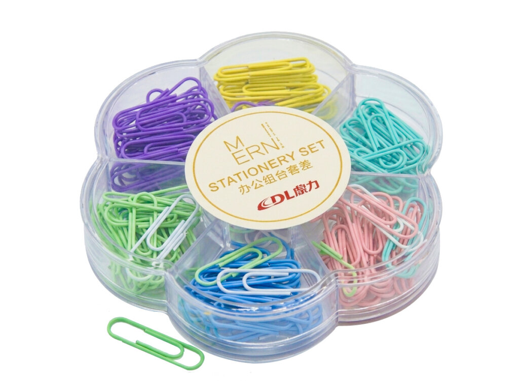 Boîte de 175 trombones couleurs pastel (rose, bleu, vert, jaune, violet) de 28mm en organiseur transparent