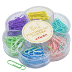 Boîte de 175 trombones couleurs pastel (rose, bleu, vert, jaune, violet) de 28mm en organiseur transparent