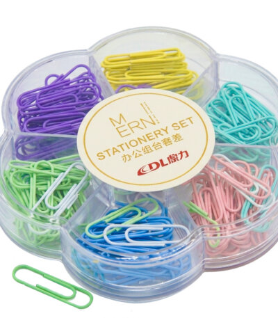 Boîte de 175 trombones couleurs pastel (rose, bleu, vert, jaune, violet) de 28mm en organiseur transparent