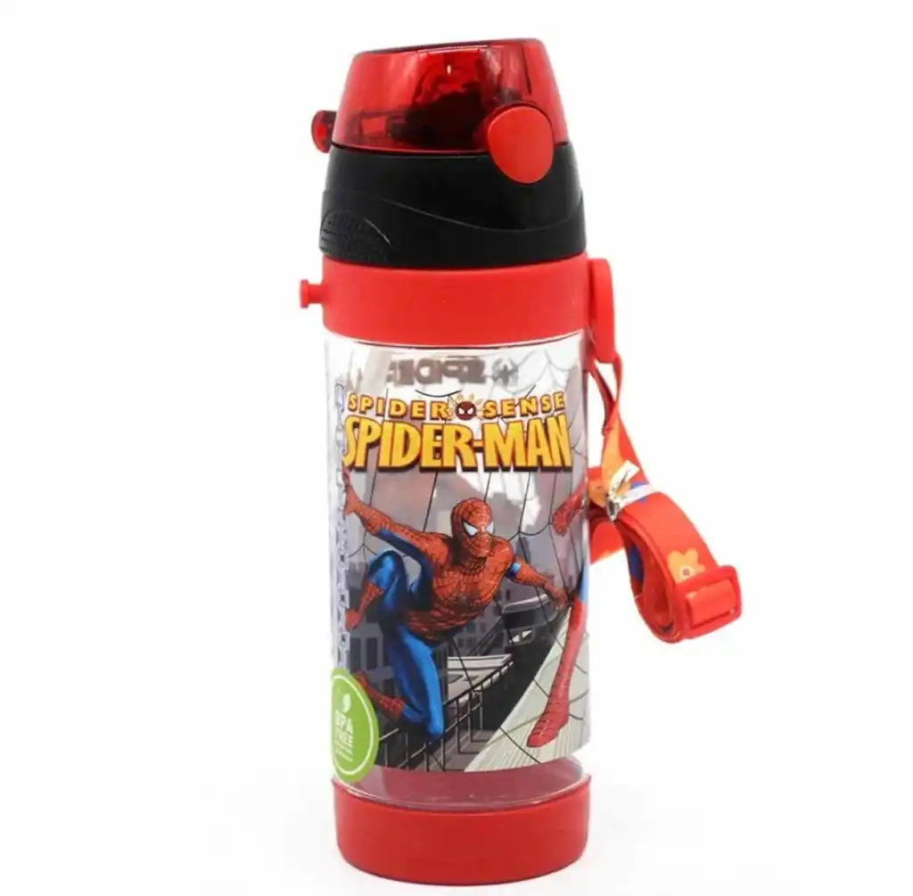 Gourde pour enfant Spider-Man transparente et rouge, avec bouchon à clapet, sangle de transport réglable et logo sans BPA.