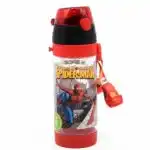 Gourde pour enfant Spider-Man transparente et rouge, avec bouchon à clapet, sangle de transport réglable et logo sans BPA.
