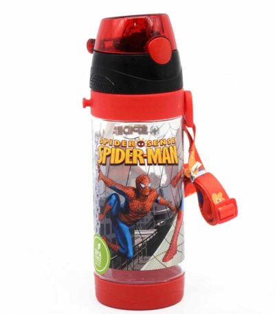 Gourde pour enfant Spider-Man transparente et rouge, avec bouchon à clapet, sangle de transport réglable et logo sans BPA.